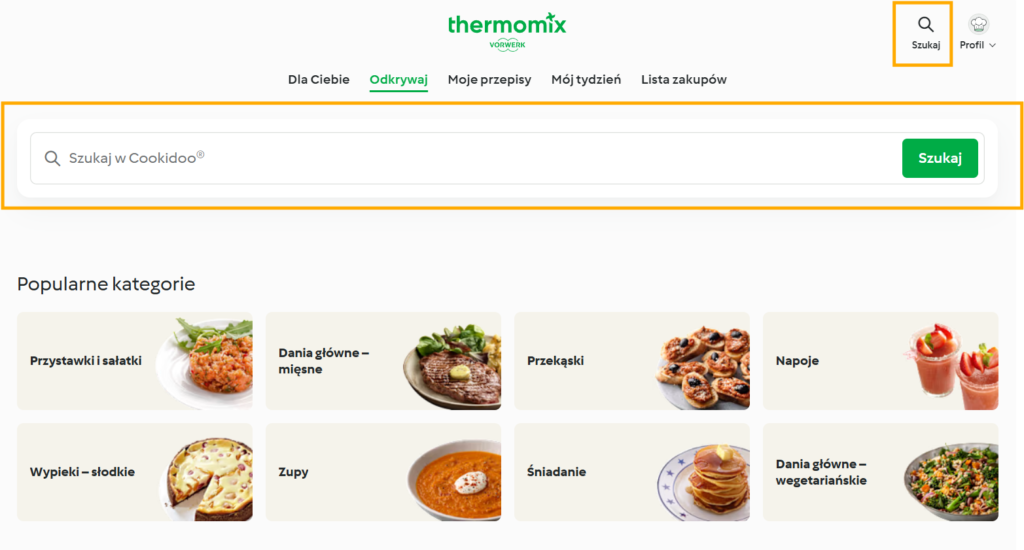 wyszukiwarka przepisów na stronie Cookidoo